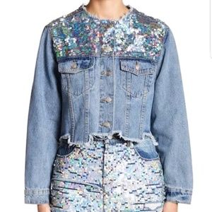 Women long sleeve w/ glitter demin jean jacket